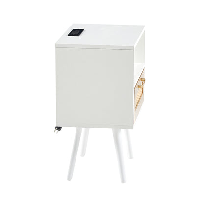 15.75" Rattan End table with Power Outlet & USB Ports, Modern nightstand with drawer and solid wood legs, side table for living room, bedroom, white image 11