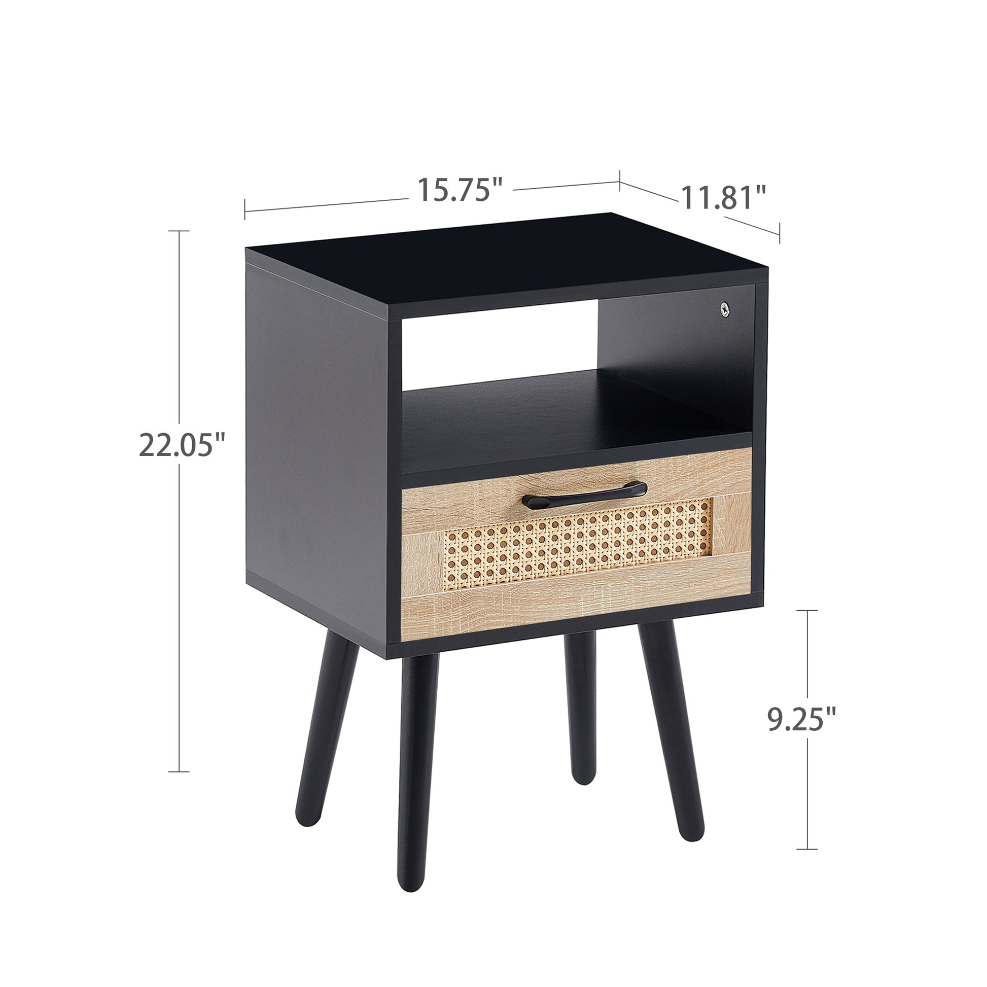 15.75" Rattan End table with drawer and solid wood legs, Modern nightstand, side table for living room, bedroom, black image 3