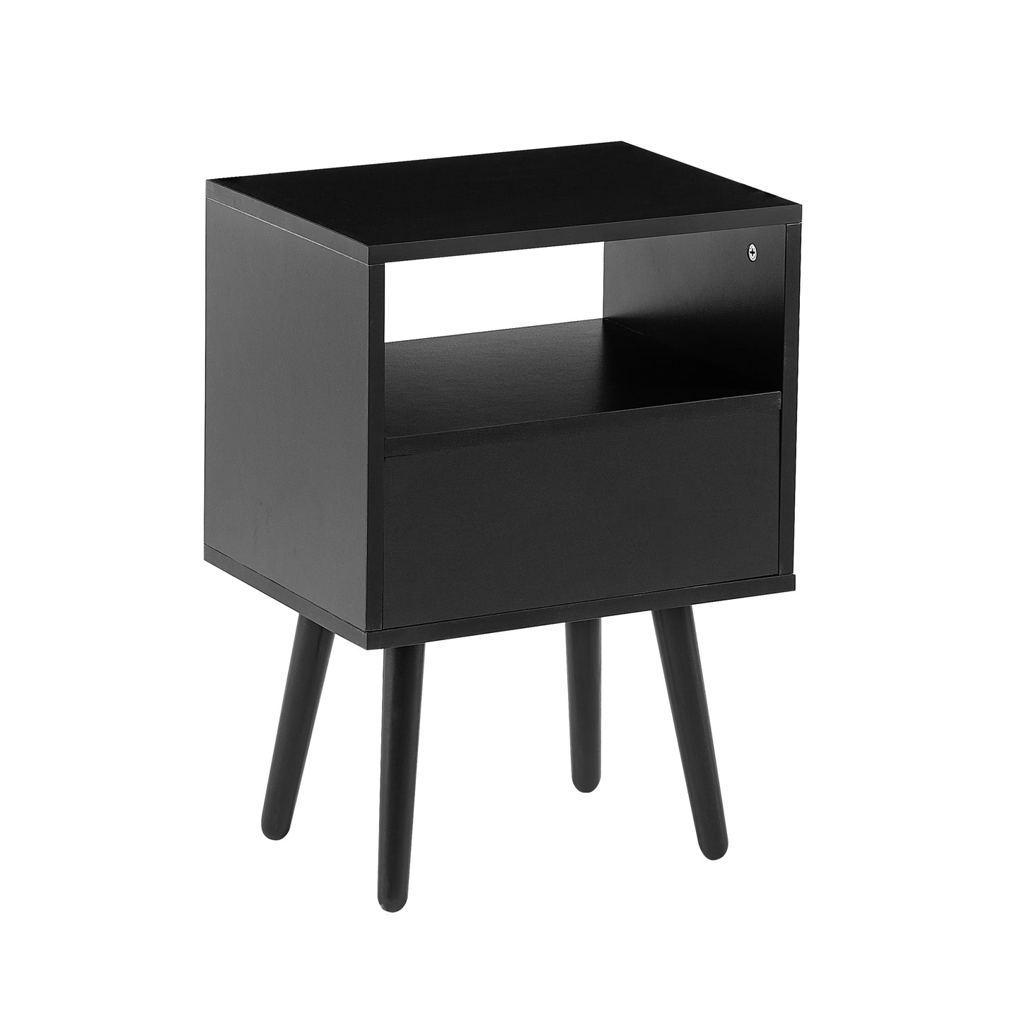 15.75" Rattan End table with drawer and solid wood legs, Modern nightstand, side table for living room, bedroom, black image 11
