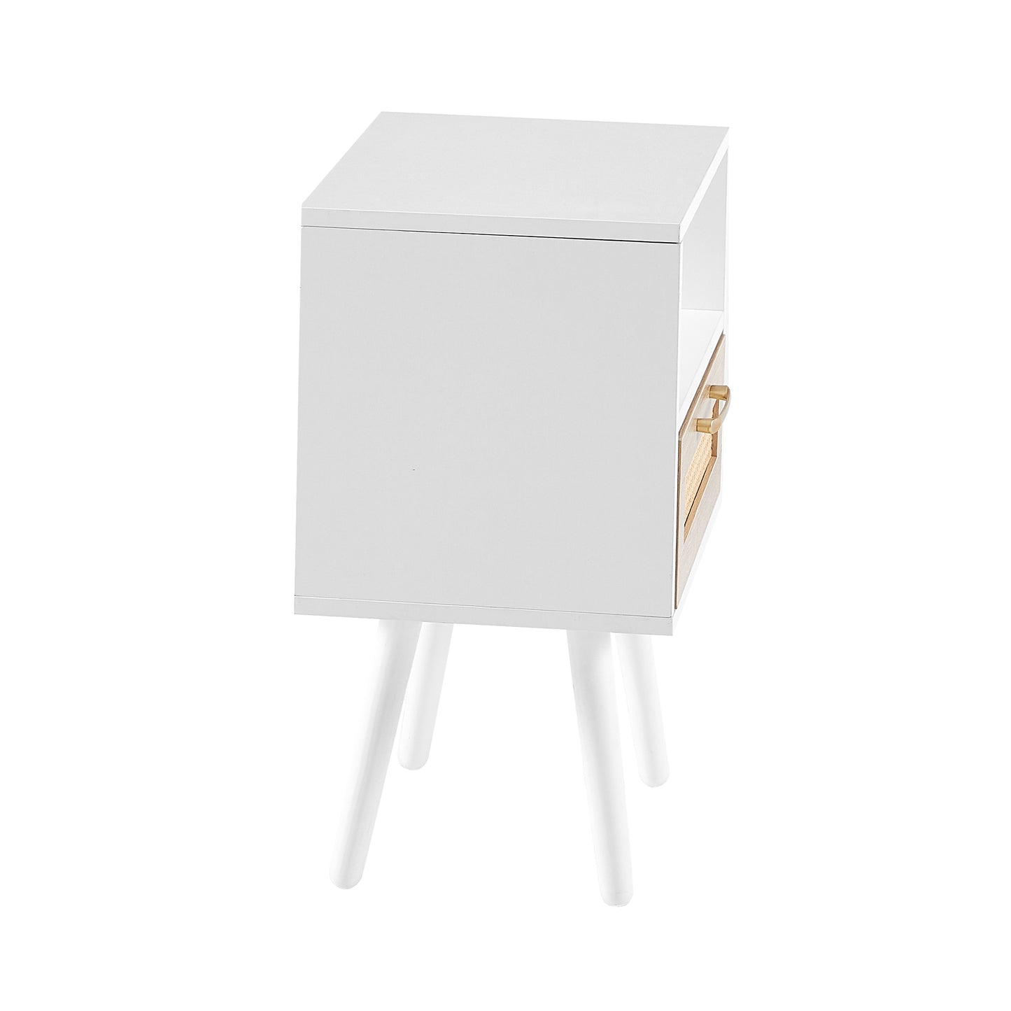 15.75" Rattan End table with drawer and solid wood legs, Modern nightstand, side table for living room, bedroom, white image 10