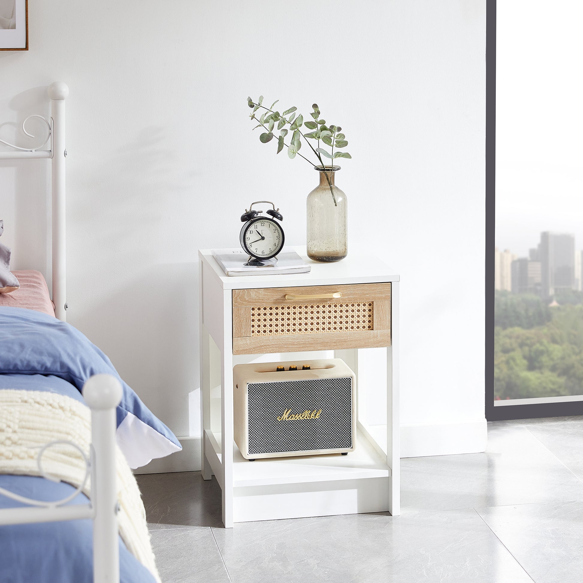 15.75" Rattan End table with drawer, Modern nightstand, side table for living room, bedroom,white image 1