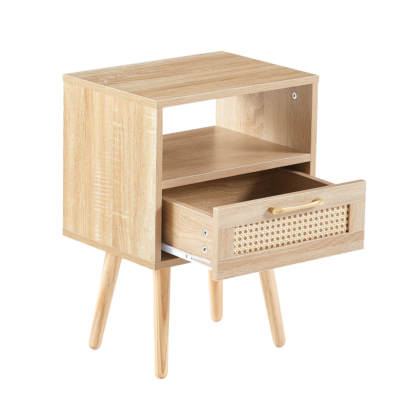 15.75" Rattan End table with drawer and solid wood legs, Modern nightstand, side table for living room, bedroom,natural image 11