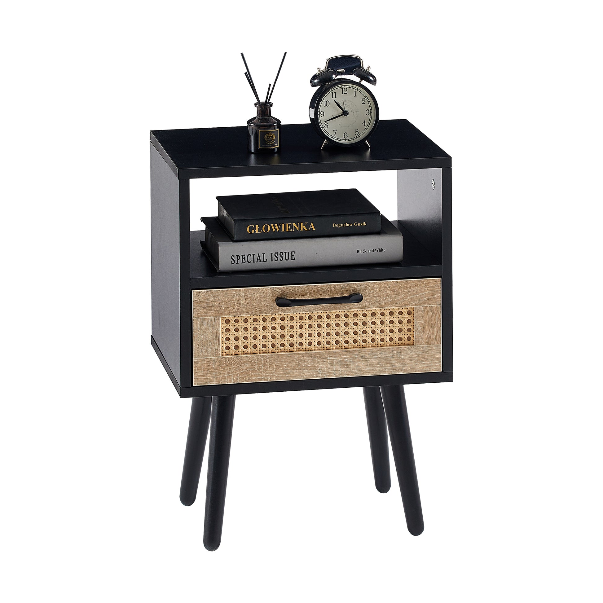 15.75" Rattan End table with drawer and solid wood legs, Modern nightstand, side table for living room, bedroom, black image 6