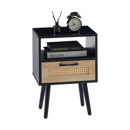 15.75" Rattan End table with drawer and solid wood legs, Modern nightstand, side table for living room, bedroom, black image 6