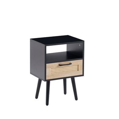 15.75" Rattan End table with drawer and solid wood legs, Modern nightstand, side table for living room, bedroom, black image 9