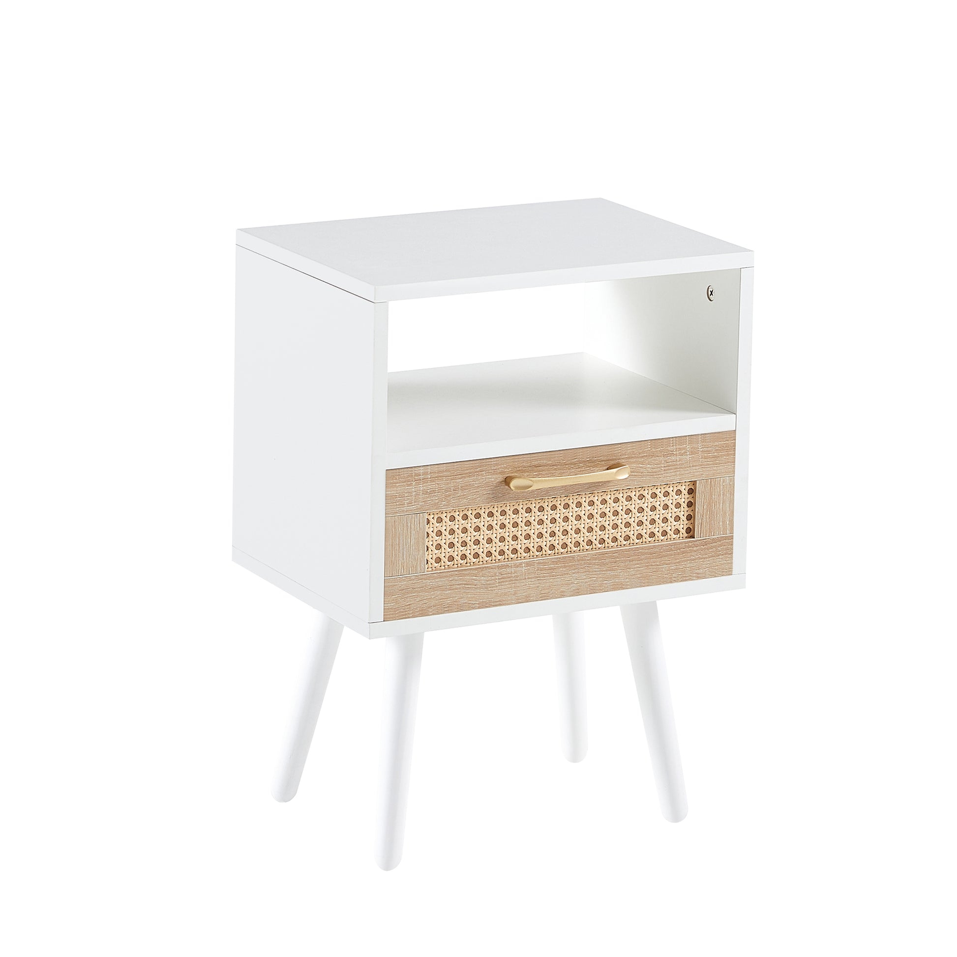 15.75" Rattan End table with drawer and solid wood legs, Modern nightstand, side table for living room, bedroom, white image 7