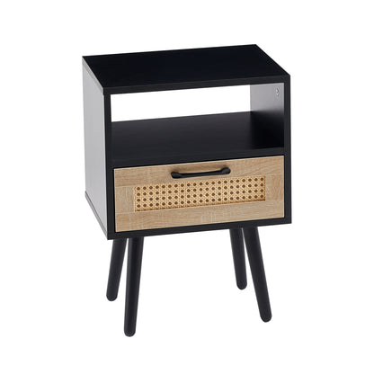 15.75" Rattan End table with drawer and solid wood legs, Modern nightstand, side table for living room, bedroom, black image 8
