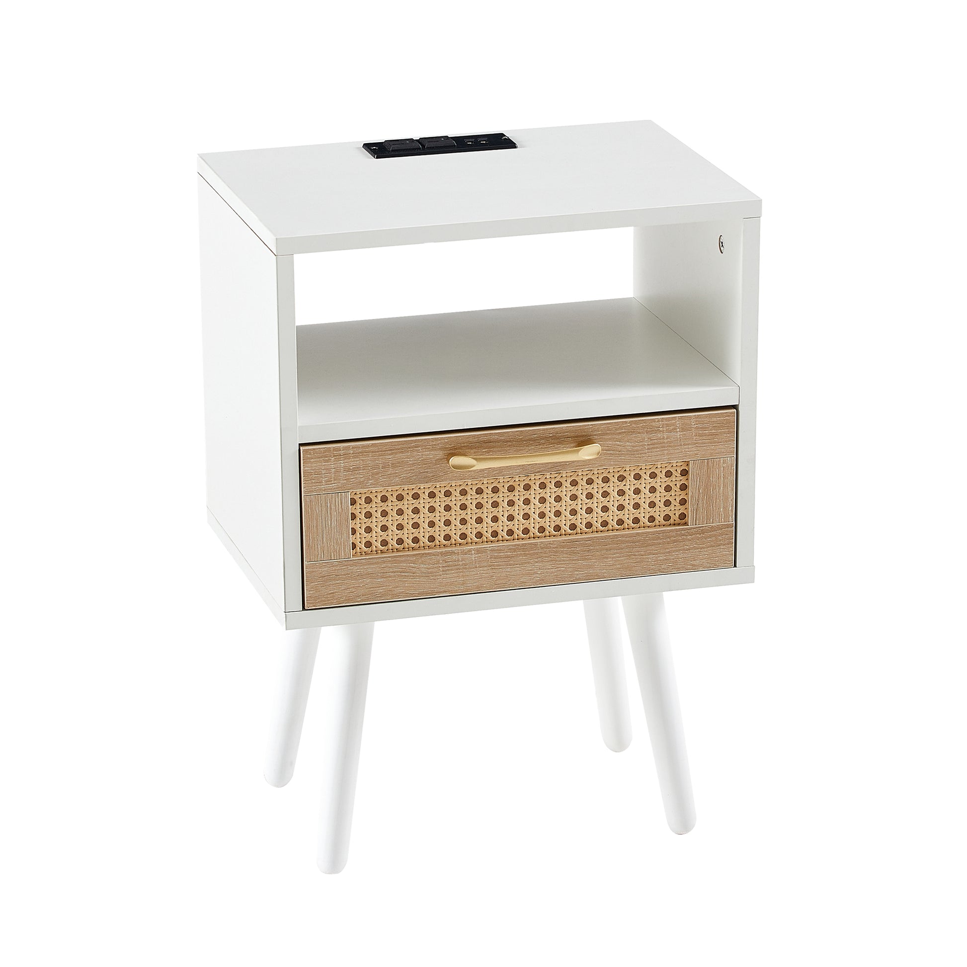15.75" Rattan End table with Power Outlet & USB Ports, Modern nightstand with drawer and solid wood legs, side table for living room, bedroom, white image 8
