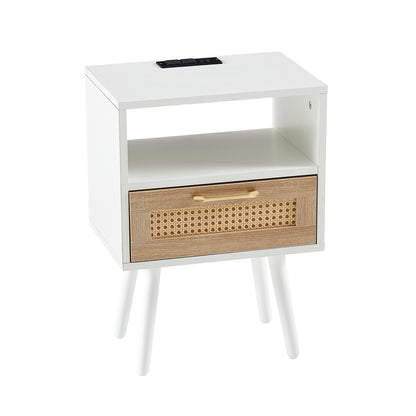 15.75" Rattan End table with Power Outlet & USB Ports, Modern nightstand with drawer and solid wood legs, side table for living room, bedroom, white image 8
