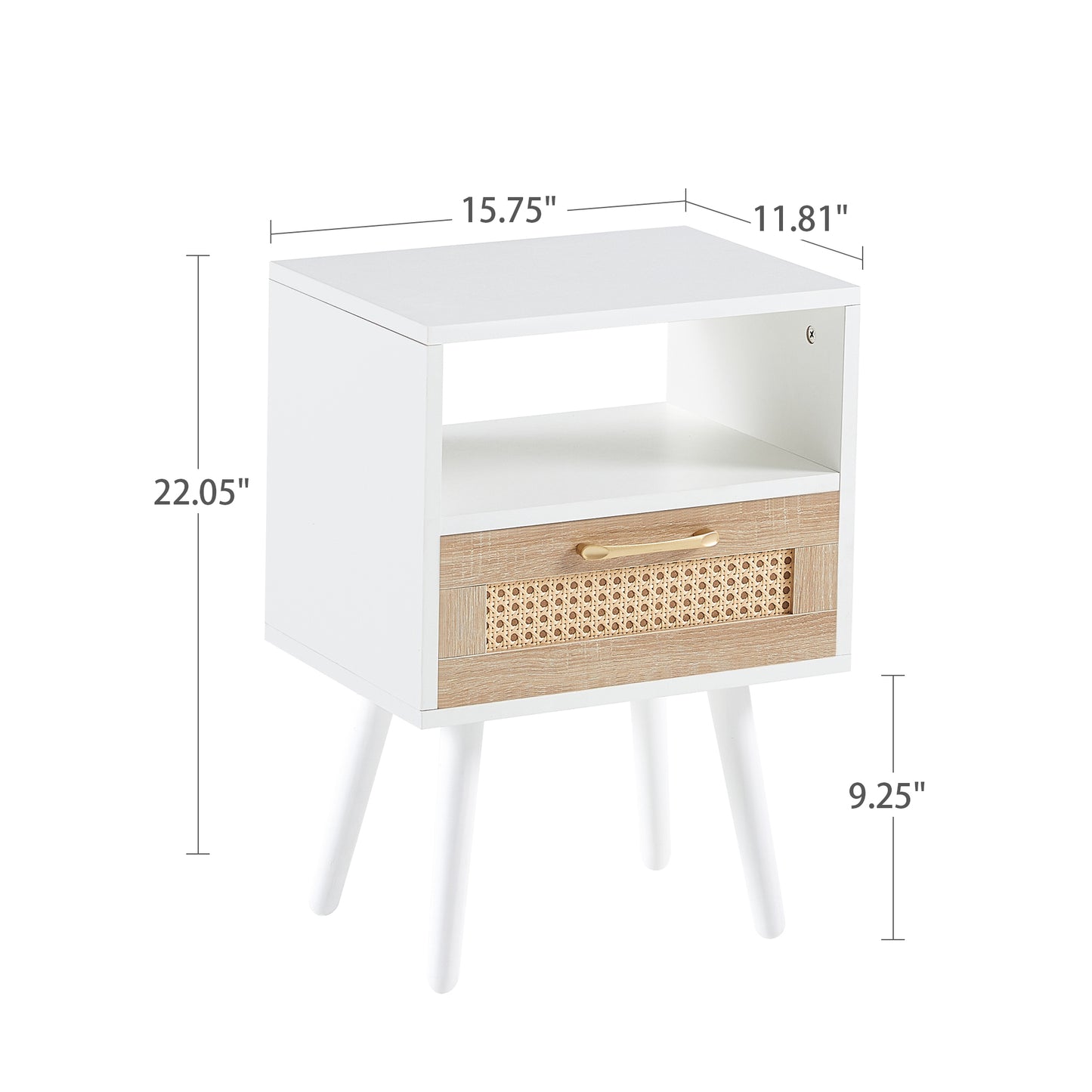 15.75" Rattan End table with drawer and solid wood legs, Modern nightstand, side table for living room, bedroom, white image 3