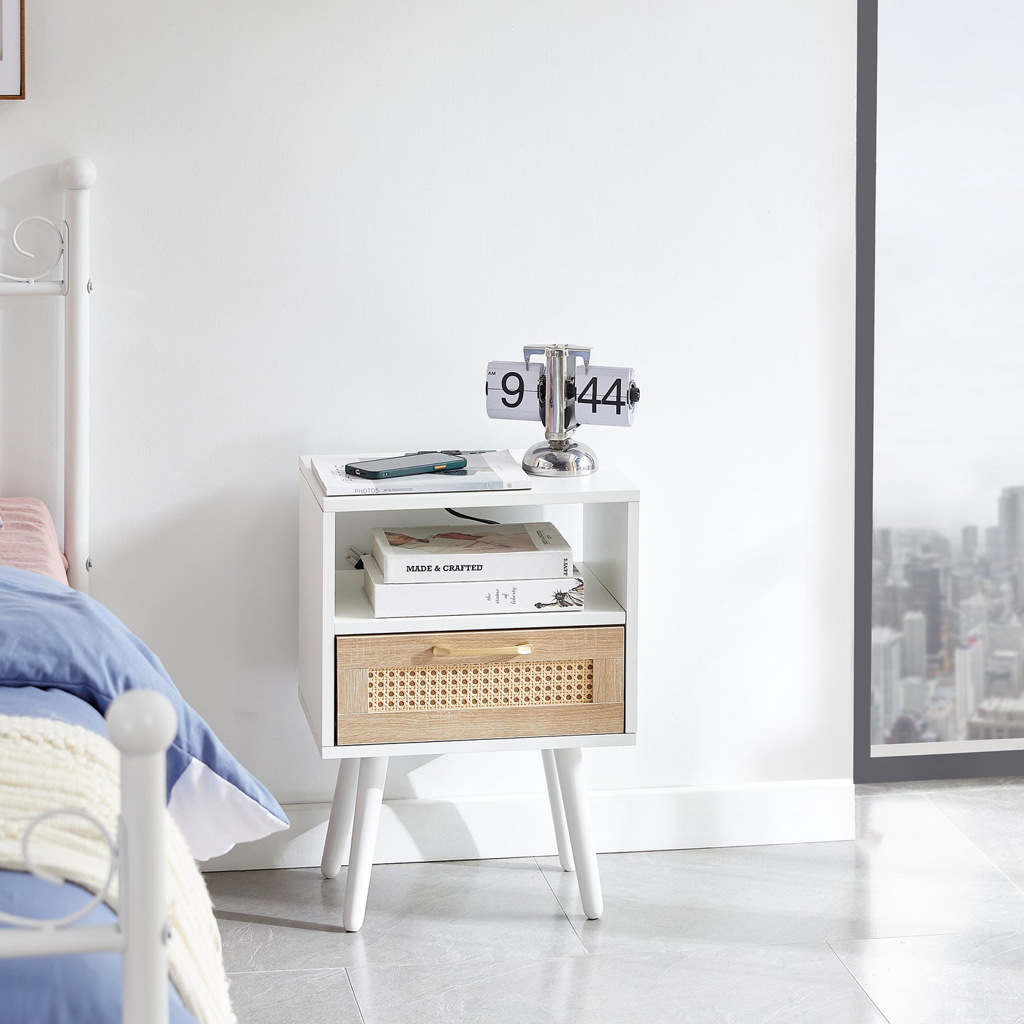 15.75" Rattan End table with Power Outlet & USB Ports, Modern nightstand with drawer and solid wood legs, side table for living room, bedroom, white image 2