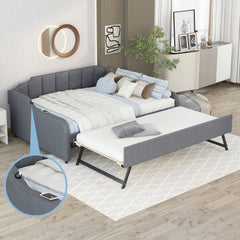 Twin Size Upholstery DayBed with Trundle and USB Charging Design,Trundle can be flat or erected,Gray
