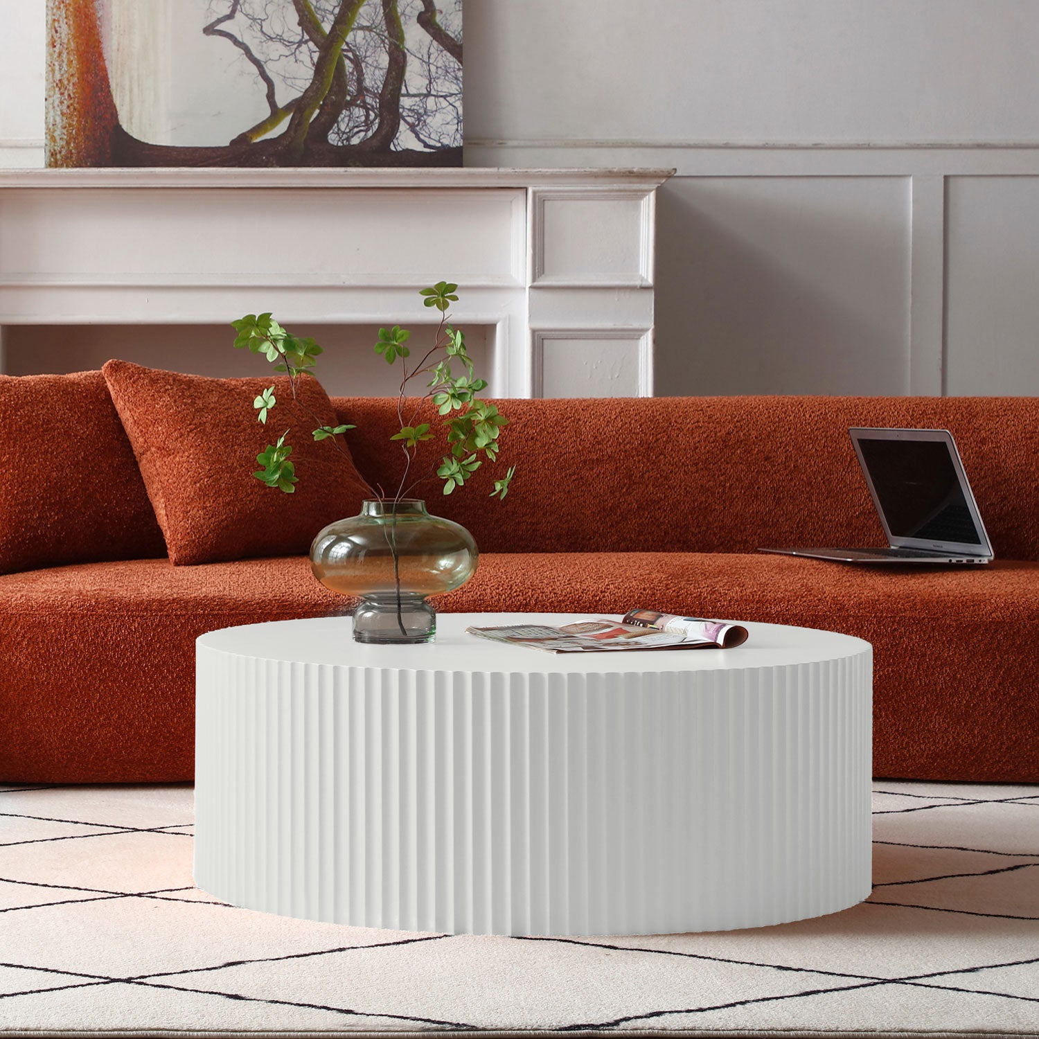 Contemporary Round Coffee Table with Handcrafted Relief, φ35.43inch, Whtie(Same Sku:W876P252232) image 5