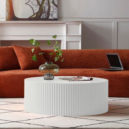Contemporary Round Coffee Table with Handcrafted Relief, φ35.43inch, Whtie(Same Sku:W876P252232) image 5