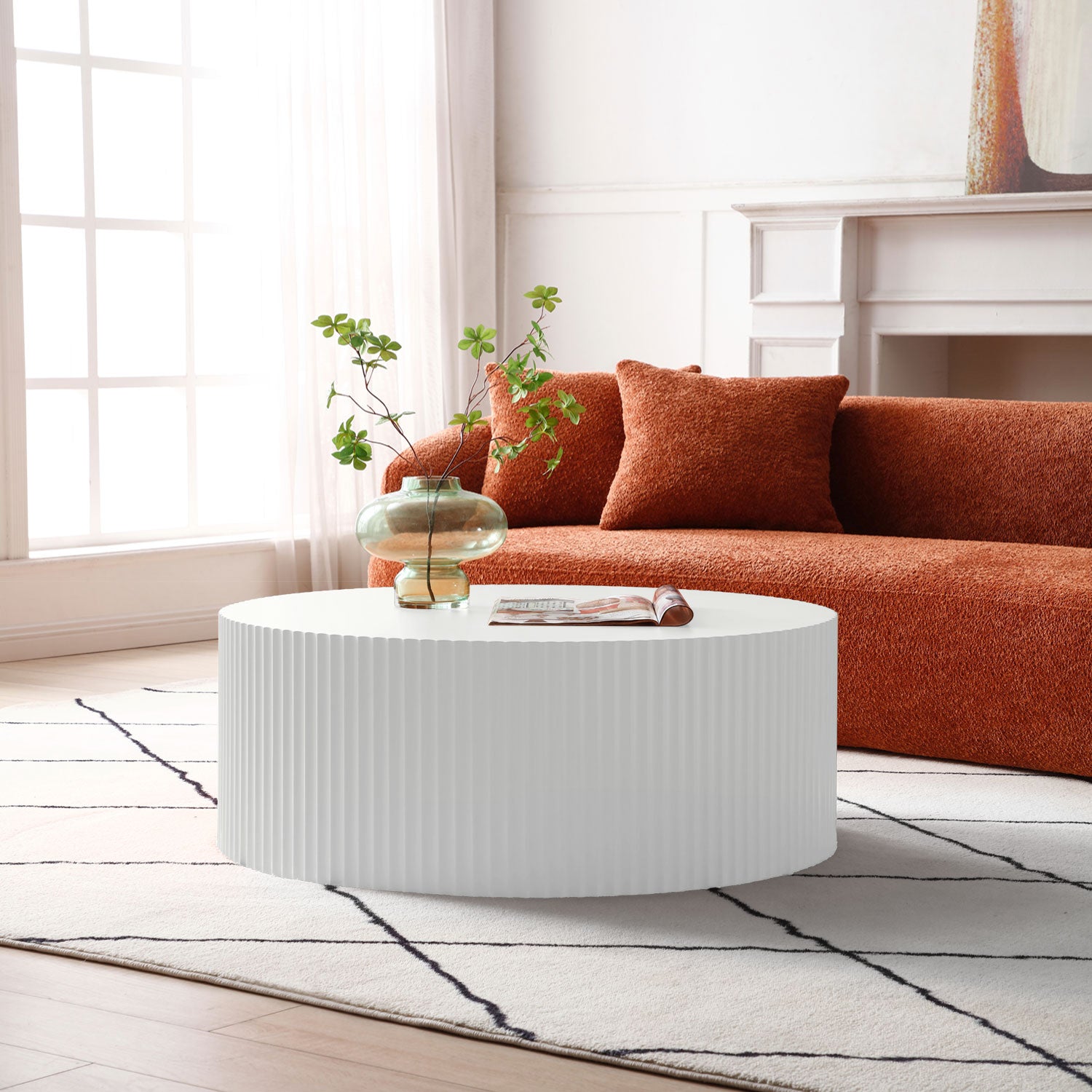 Contemporary Round Coffee Table with Handcrafted Relief, φ35.43inch, Whtie(Same Sku:W876P252232) image 4