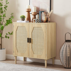 Natural Kitchen Storage Cabinet with Rattan Decorative Doors - 31.5"W