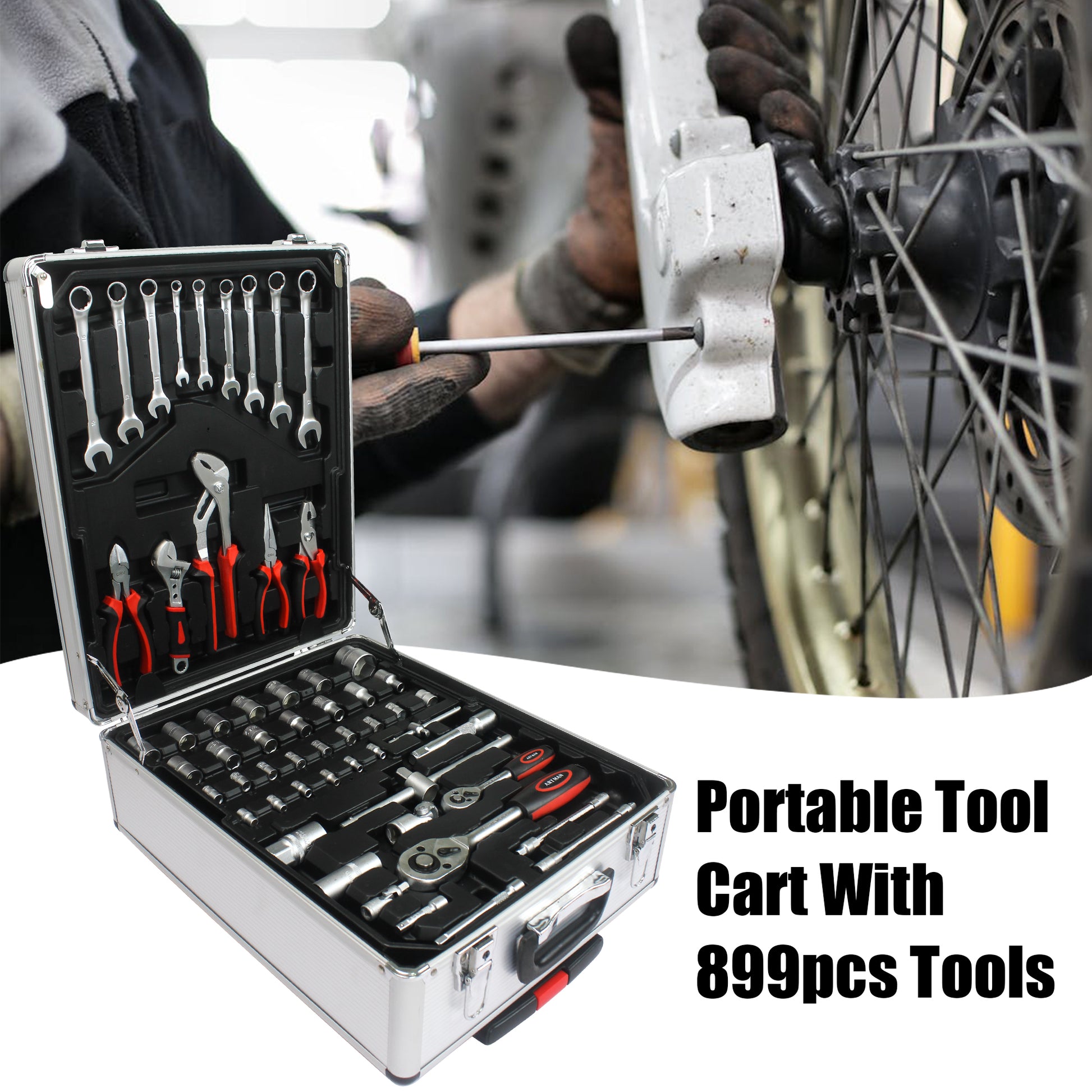 899pcs Home Repair Tool Set Kit, Toolbox Storage Case with 4 Drawers, General Household Tool Kit with Rolling Tool Box, Tool Set Kit for Maintenance, Garden, Homeowner, Handyman -Silver image 2