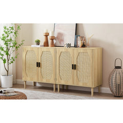 Natural Kitchen Storage Cabinet with Rattan Decorative Doors - 31.5"W