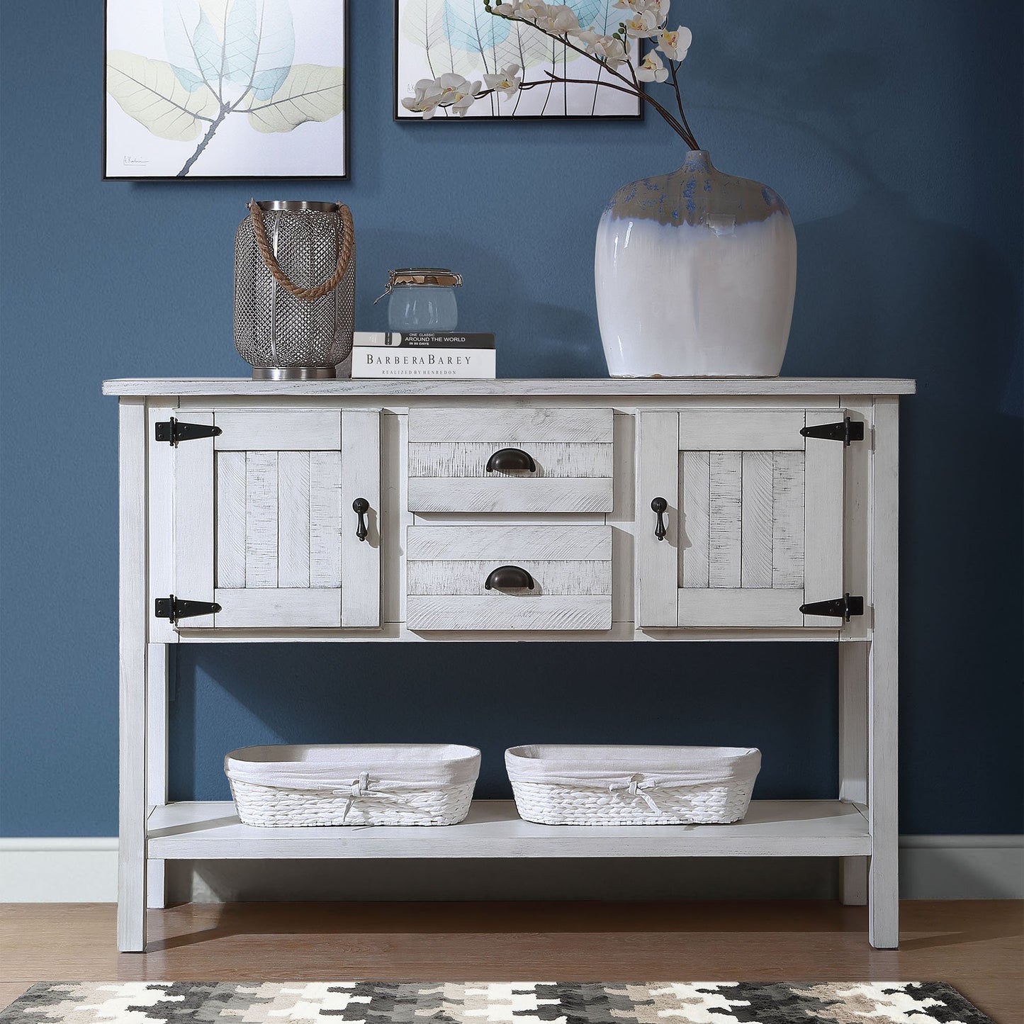 46'' Solid Wood Sideboard Console Table with 2 Drawers and Cabinets and Bottom Shelf, Retro Style Storage Dining Buffet Server Cabinet for Living Room Kitchen Dining Room (Antique White image 1