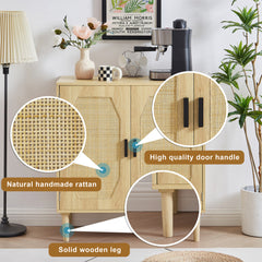 Natural Kitchen Storage Cabinet with Rattan Decorative Doors - 31.5"W