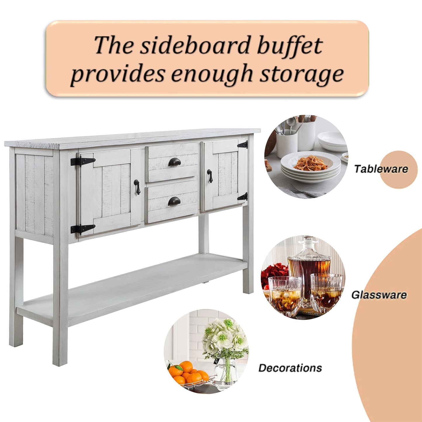 46'' Solid Wood Sideboard Console Table with 2 Drawers and Cabinets and Bottom Shelf, Retro Style Storage Dining Buffet Server Cabinet for Living Room Kitchen Dining Room (Antique White image 12