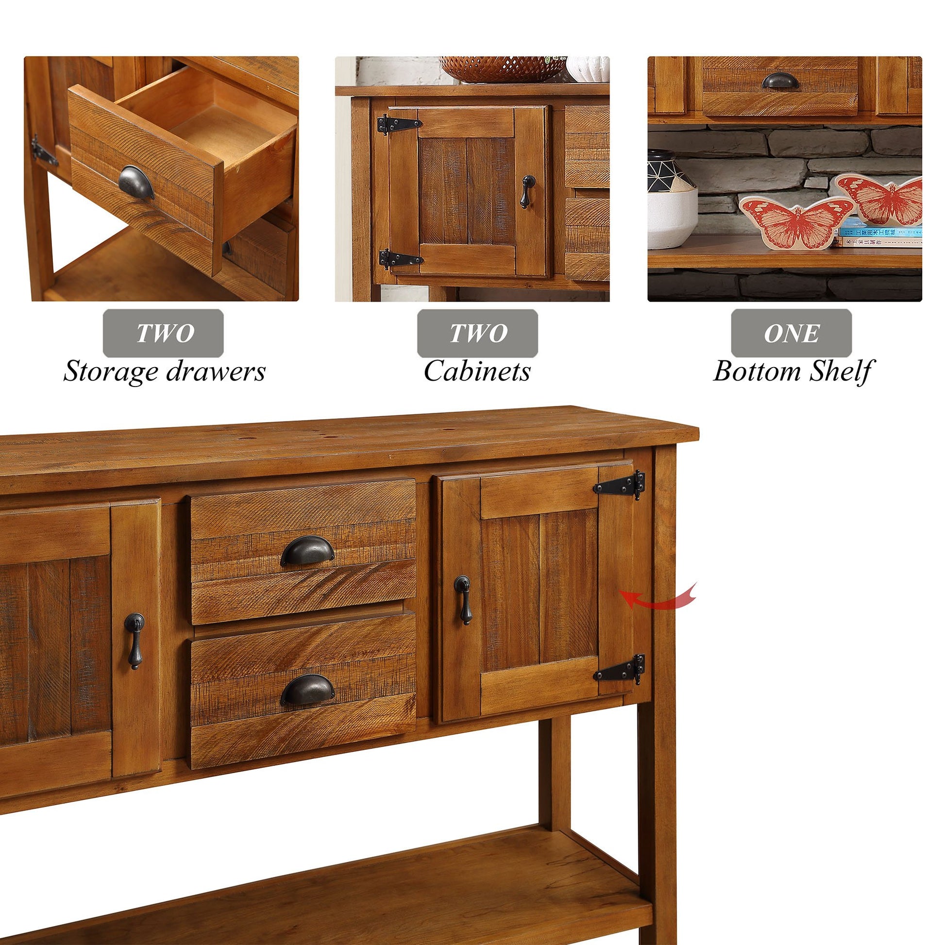 46'' Solid Wood Sideboard Console Table with 2 Drawers and Cabinets and Bottom Shelf, Retro Style Storage Dining Buffet Server Cabinet for Living Room Kitchen Dining Room(Brown) image 7