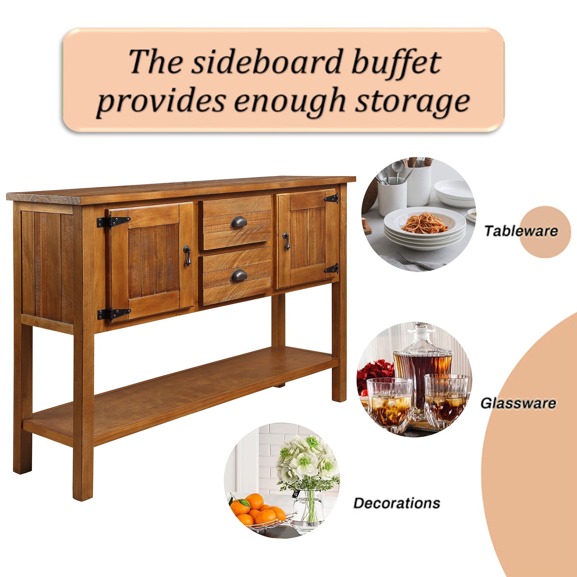 46'' Solid Wood Sideboard Console Table with 2 Drawers and Cabinets and Bottom Shelf, Retro Style Storage Dining Buffet Server Cabinet for Living Room Kitchen Dining Room(Brown) image 8