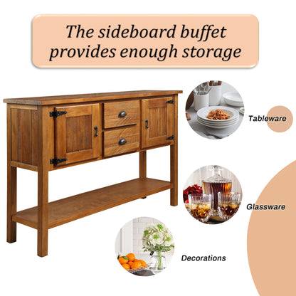 46'' Solid Wood Sideboard Console Table with 2 Drawers and Cabinets and Bottom Shelf, Retro Style Storage Dining Buffet Server Cabinet for Living Room Kitchen Dining Room(Brown) image 8