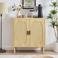Natural Kitchen Storage Cabinet with Rattan Decorative Doors - 31.5"W