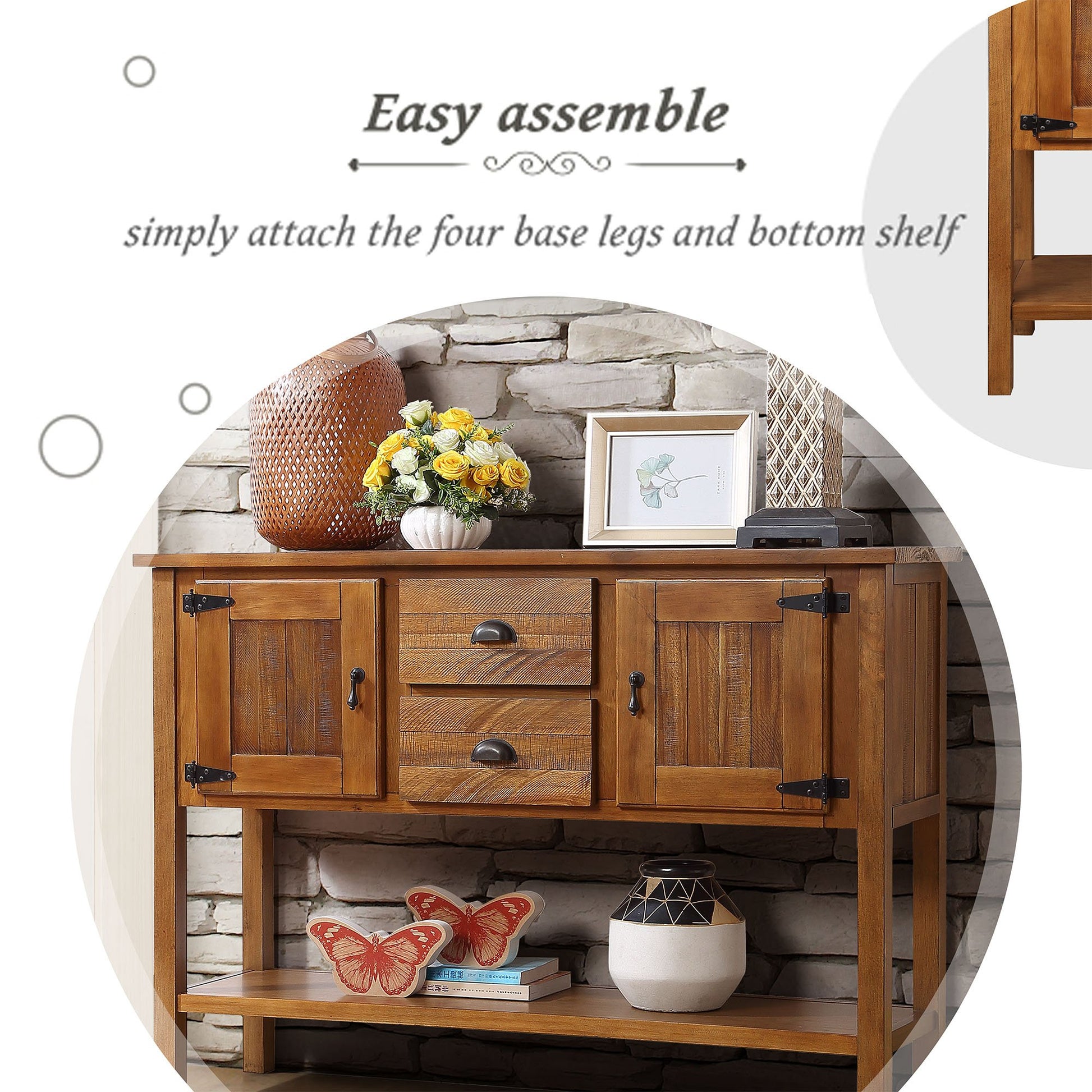 46'' Solid Wood Sideboard Console Table with 2 Drawers and Cabinets and Bottom Shelf, Retro Style Storage Dining Buffet Server Cabinet for Living Room Kitchen Dining Room(Brown) image 5