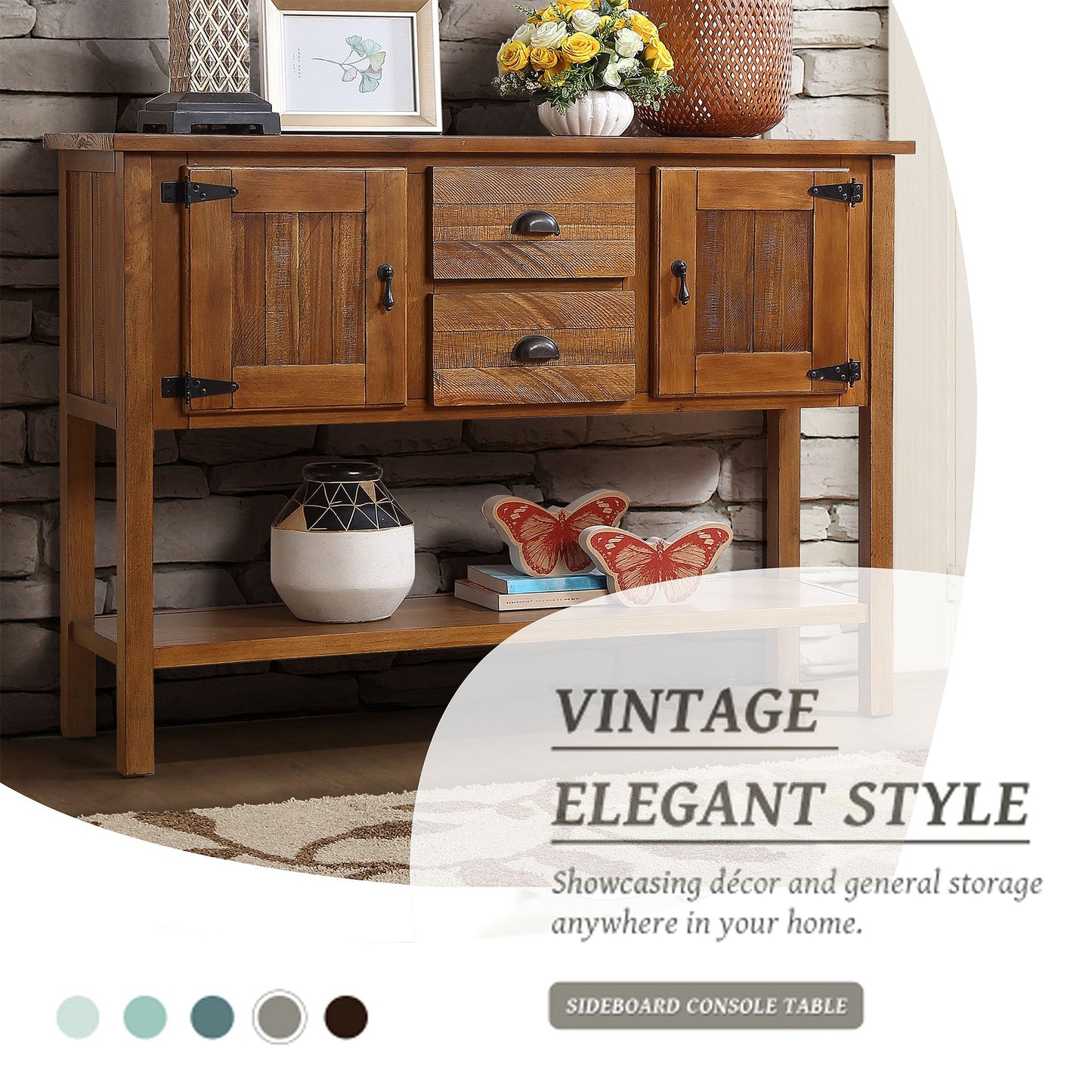 46'' Solid Wood Sideboard Console Table with 2 Drawers and Cabinets and Bottom Shelf, Retro Style Storage Dining Buffet Server Cabinet for Living Room Kitchen Dining Room(Brown) image 3