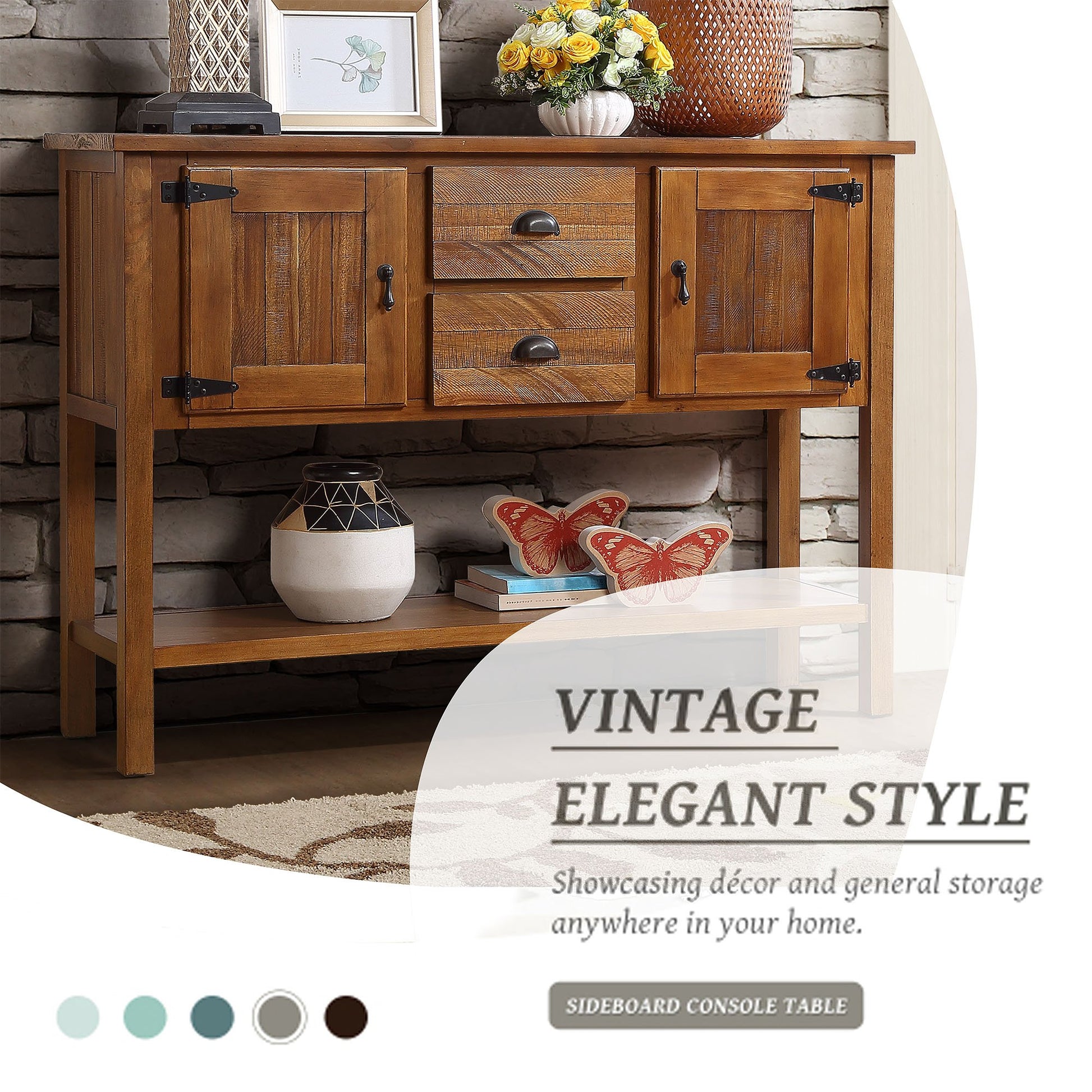 46'' Solid Wood Sideboard Console Table with 2 Drawers and Cabinets and Bottom Shelf, Retro Style Storage Dining Buffet Server Cabinet for Living Room Kitchen Dining Room(Brown) image 3