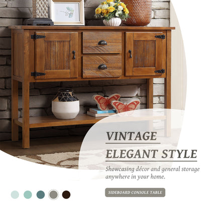 46'' Solid Wood Sideboard Console Table with 2 Drawers and Cabinets and Bottom Shelf, Retro Style Storage Dining Buffet Server Cabinet for Living Room Kitchen Dining Room(Brown) image 3