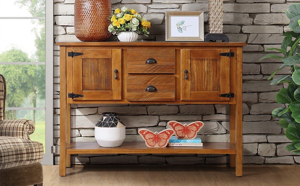 46'' Solid Wood Sideboard Console Table with 2 Drawers and Cabinets and Bottom Shelf, Retro Style Storage Dining Buffet Server Cabinet for Living Room Kitchen Dining Room(Brown) image 12