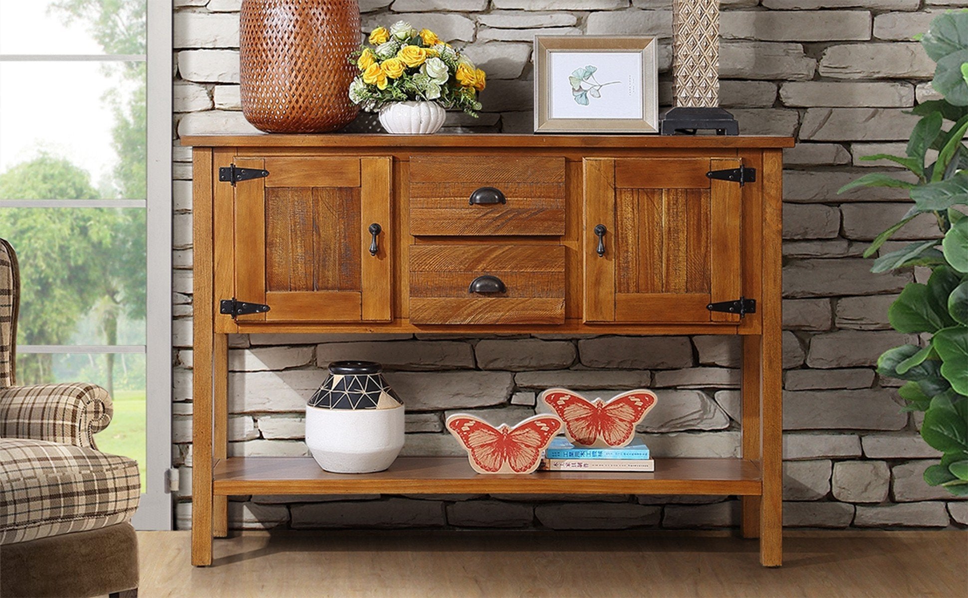 46'' Solid Wood Sideboard Console Table with 2 Drawers and Cabinets and Bottom Shelf, Retro Style Storage Dining Buffet Server Cabinet for Living Room Kitchen Dining Room(Brown) image 2