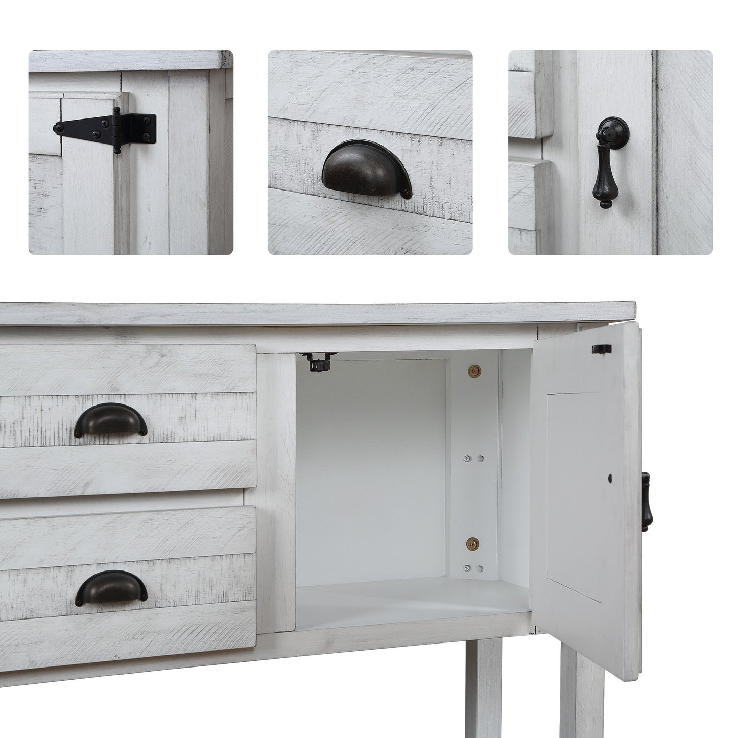 46'' Solid Wood Sideboard Console Table with 2 Drawers and Cabinets and Bottom Shelf, Retro Style Storage Dining Buffet Server Cabinet for Living Room Kitchen Dining Room (Antique White image 7