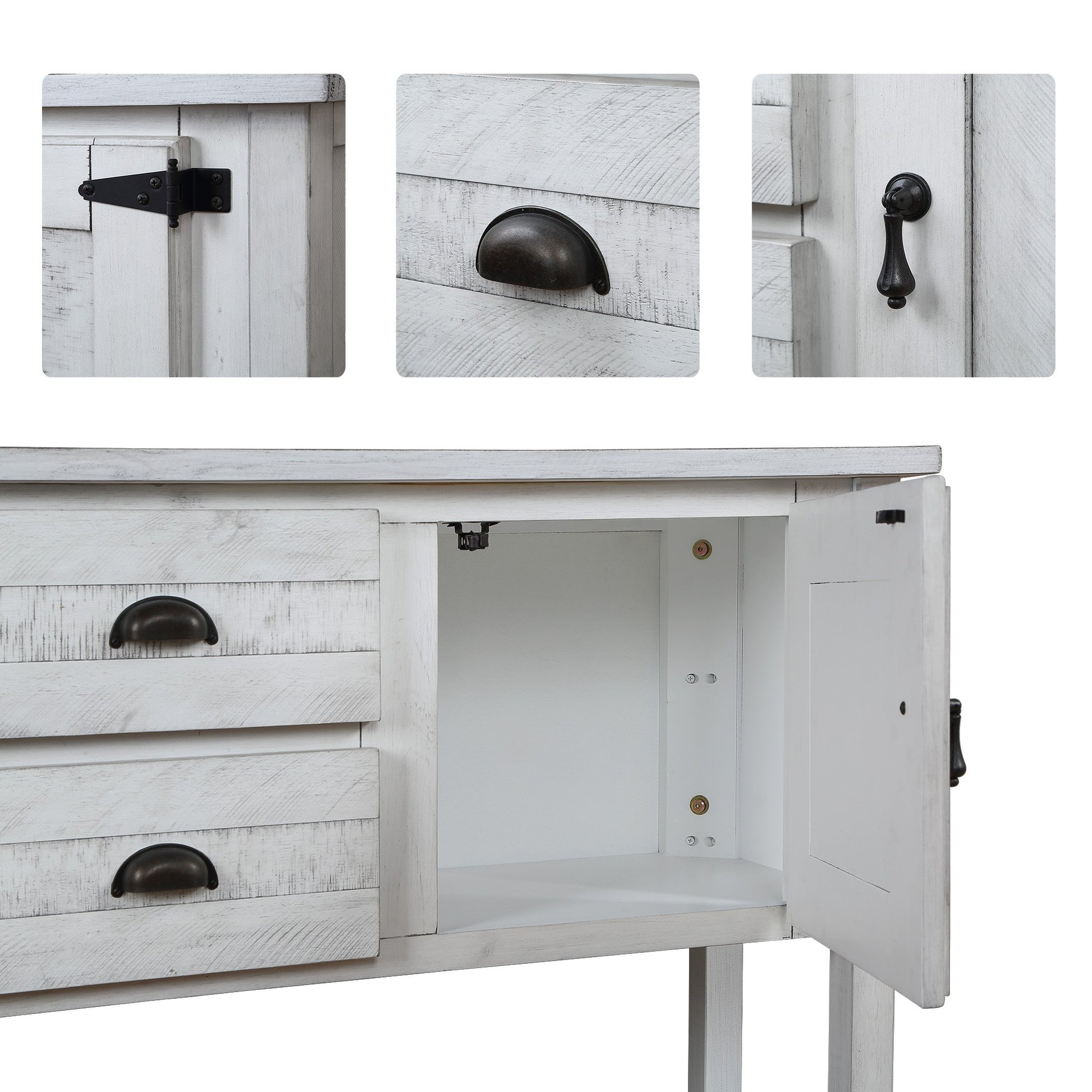 46'' Solid Wood Sideboard Console Table with 2 Drawers and Cabinets and Bottom Shelf, Retro Style Storage Dining Buffet Server Cabinet for Living Room Kitchen Dining Room (Antique White image 7