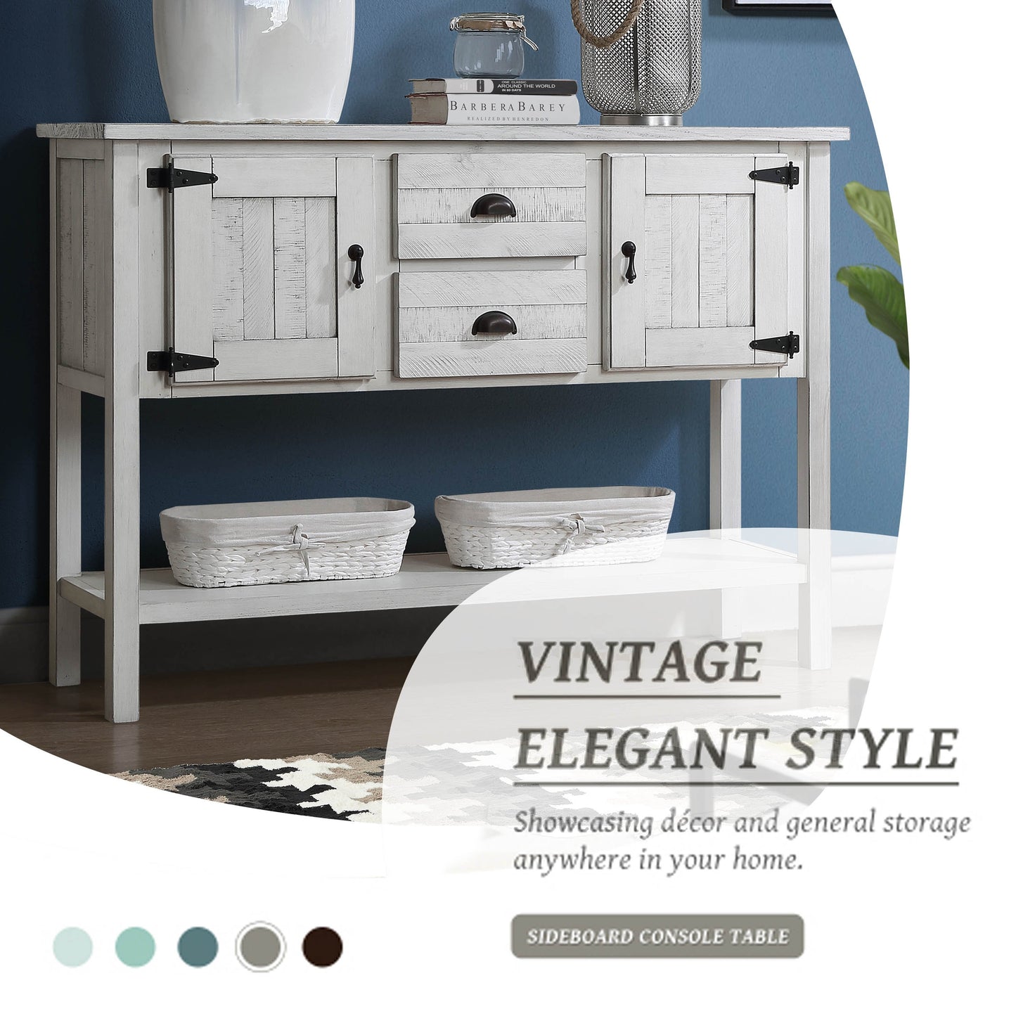 46'' Solid Wood Sideboard Console Table with 2 Drawers and Cabinets and Bottom Shelf, Retro Style Storage Dining Buffet Server Cabinet for Living Room Kitchen Dining Room (Antique White image 11