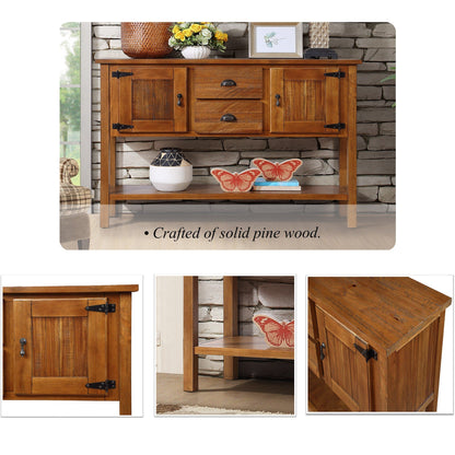 46'' Solid Wood Sideboard Console Table with 2 Drawers and Cabinets and Bottom Shelf, Retro Style Storage Dining Buffet Server Cabinet for Living Room Kitchen Dining Room(Brown) image 6