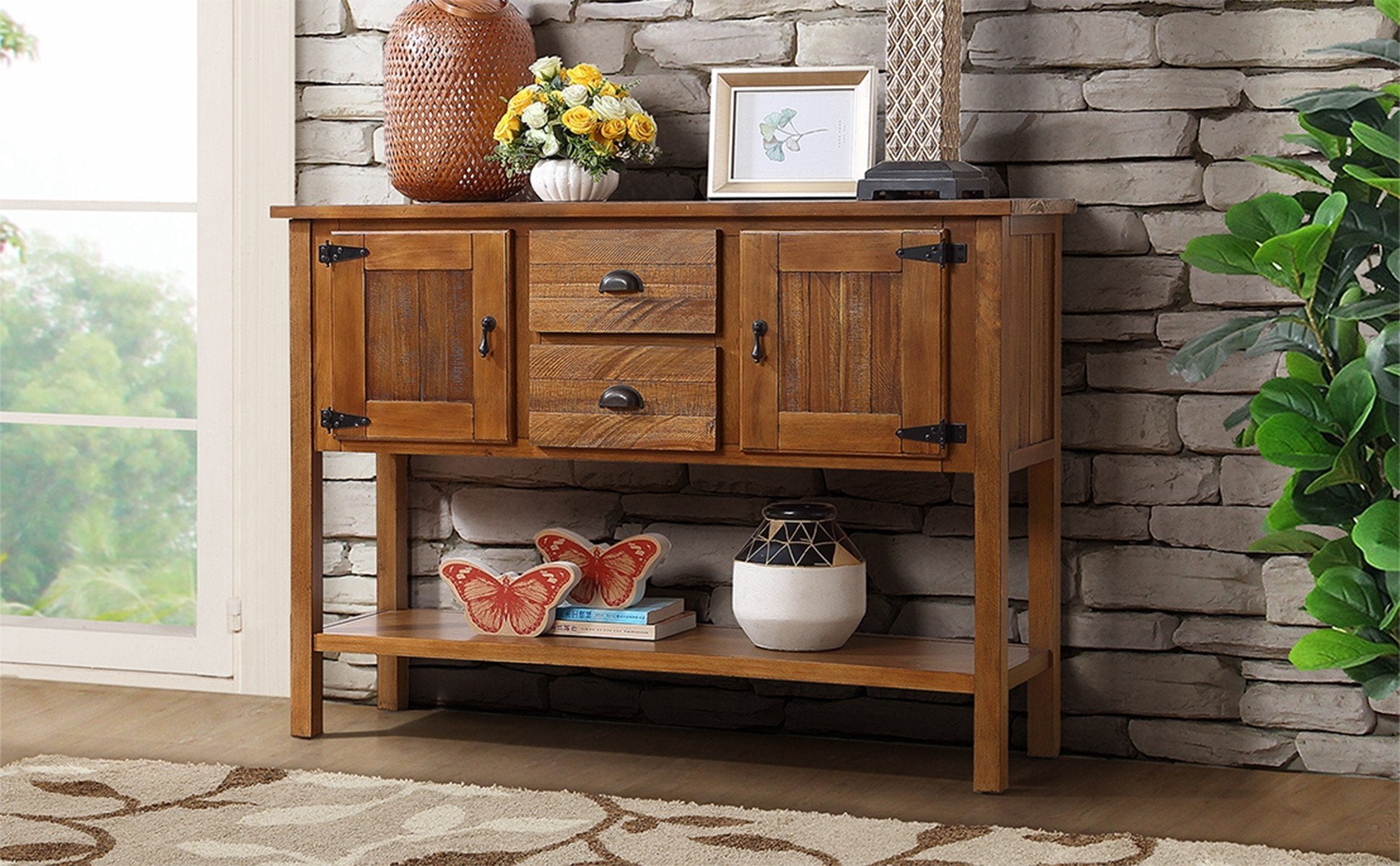 46'' Solid Wood Sideboard Console Table with 2 Drawers and Cabinets and Bottom Shelf, Retro Style Storage Dining Buffet Server Cabinet for Living Room Kitchen Dining Room(Brown) image 9