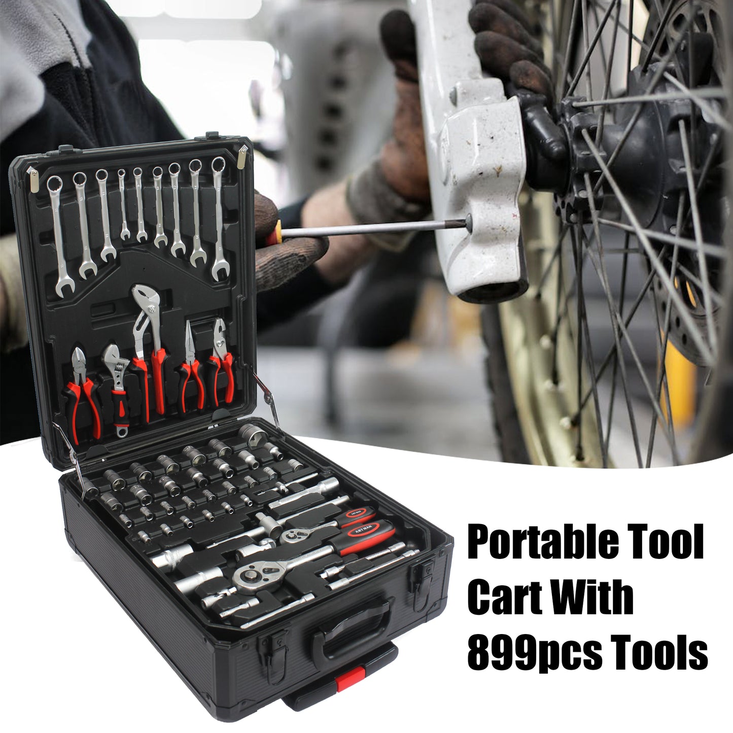 899pcs Home Repair Tool Set Kit, Toolbox Storage Case with 4 Drawers, General Household Tool Kit with Rolling Tool Box, Tool Set Kit for Maintenance, Garden, Homeowner, Handyman -Black image 2