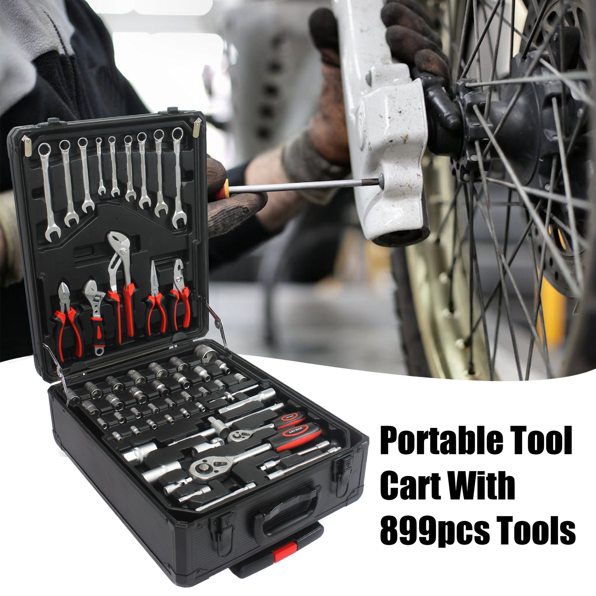 899pcs Home Repair Tool Set Kit, Toolbox Storage Case with 4 Drawers, General Household Tool Kit with Rolling Tool Box, Tool Set Kit for Maintenance, Garden, Homeowner, Handyman -Black image 2