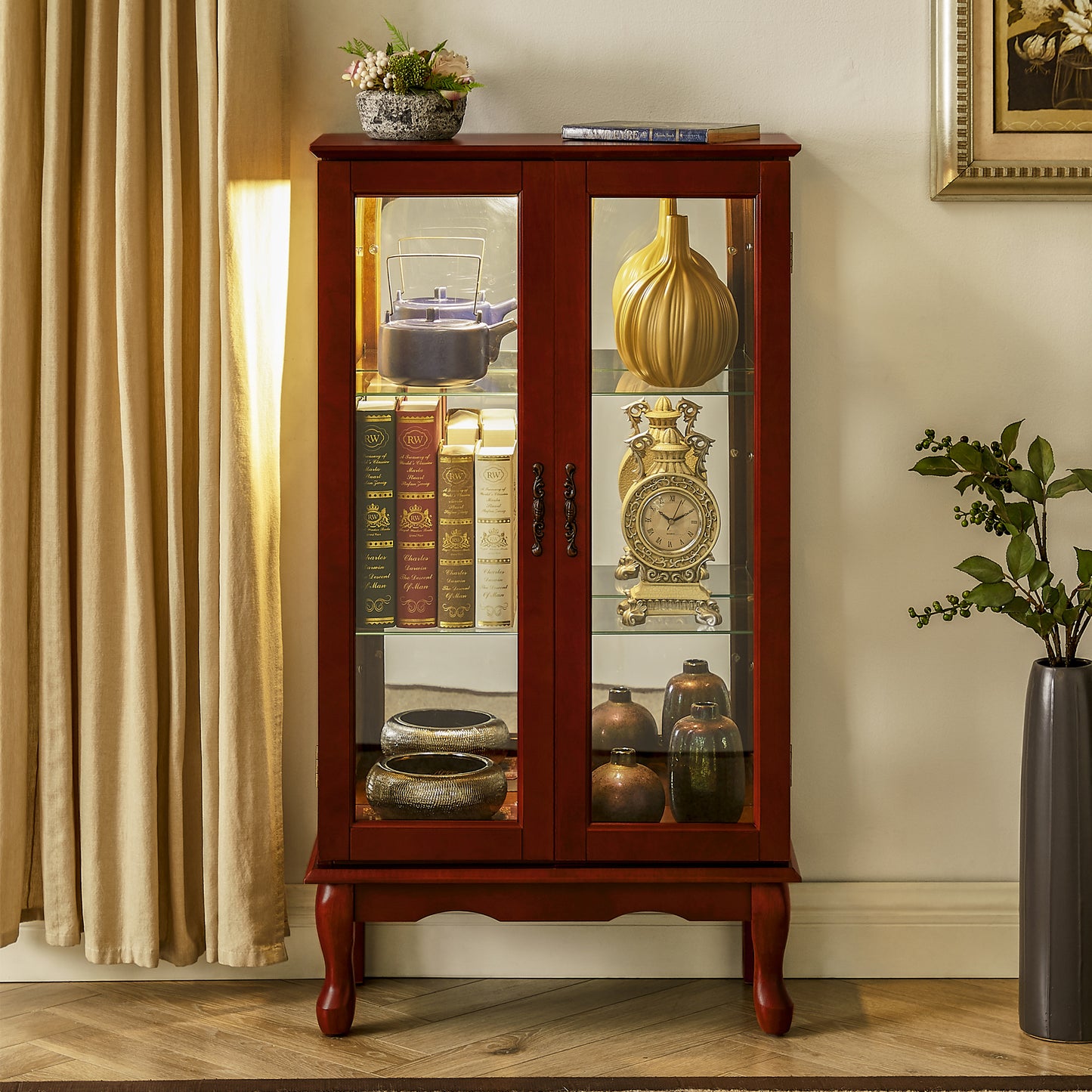 Curio Cabinet Lighted Curio Diapaly Cabinet with Adjustable Shelves and Mirrored Back Panel, Tempered Glass Doors (Cherry, 3 Tier), (E26 light bulb not included) image 1