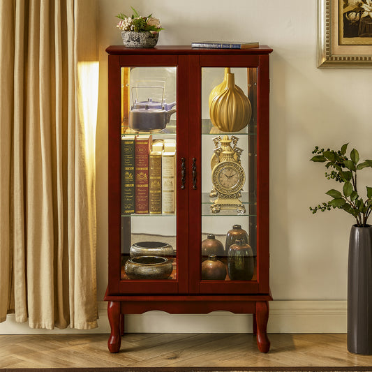 Curio cabinet with mirrored back panel and lighted interior, cherry finish