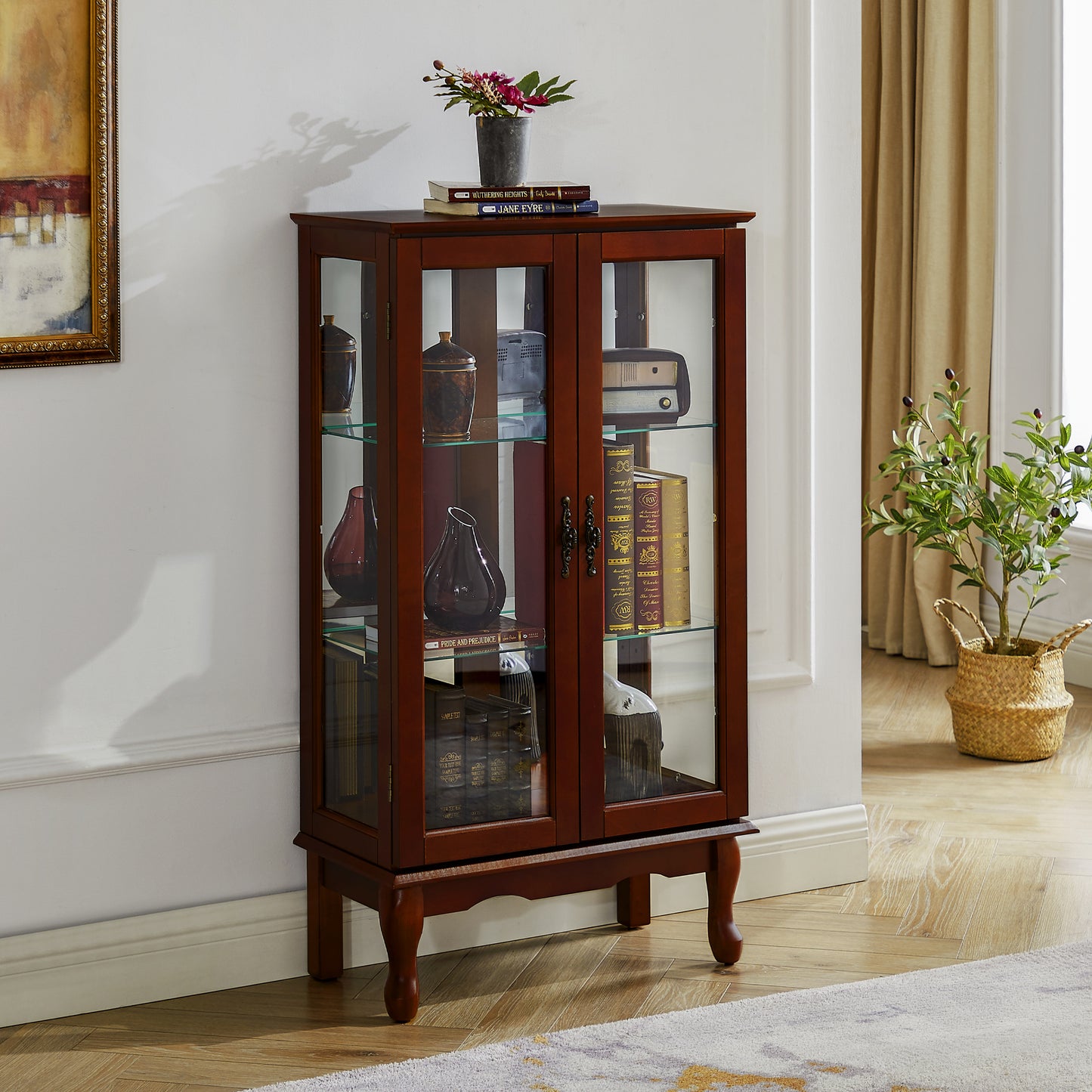 Curio Cabinet Lighted Curio Diapaly Cabinet with Adjustable Shelves and Mirrored Back Panel, Tempered Glass Doors (Cherry, 3 Tier), (E26 light bulb not included) image 2