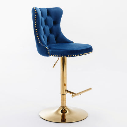 A&A Furniture,Golden Swivel Velvet Barstools Adjusatble Seat Height from 25-33 Inch, Modern Upholstered Bar Stools with Backs Comfortable Tufted for Home Pub and Kitchen Island,Blue,Set of 2 image 3