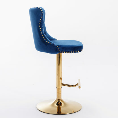 A&A Furniture,Golden Swivel Velvet Barstools Adjusatble Seat Height from 25-33 Inch, Modern Upholstered Bar Stools with Backs Comfortable Tufted for Home Pub and Kitchen Island,Blue,Set of 2 image 4