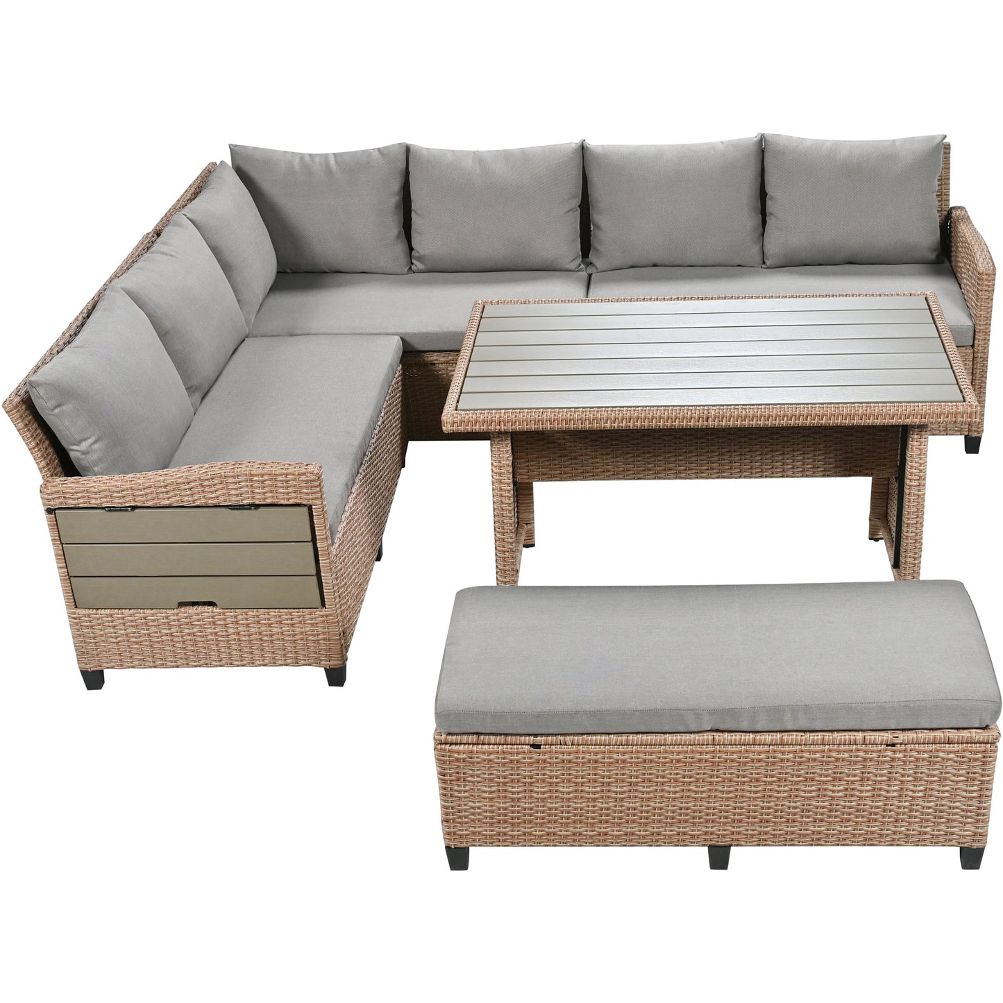 TOMAX 5-Piece Outdoor Patio Rattan Sofa Set, Sectional PE Wicker L-Shaped Garden Furniture Set with 2 Extendable Side Tables, Dining Table and Washable Covers for Backyard, Poolside, Indoor, Brown image 9