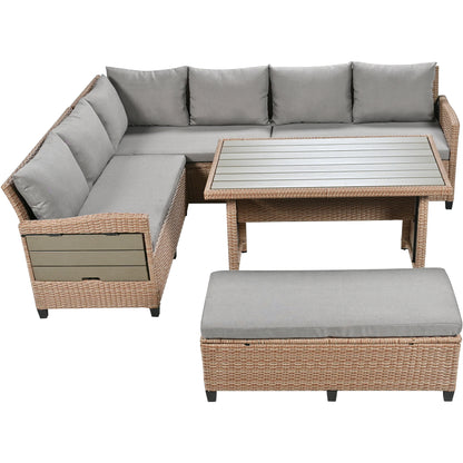 TOMAX 5-Piece Outdoor Patio Rattan Sofa Set, Sectional PE Wicker L-Shaped Garden Furniture Set with 2 Extendable Side Tables, Dining Table and Washable Covers for Backyard, Poolside, Indoor, Brown image 9