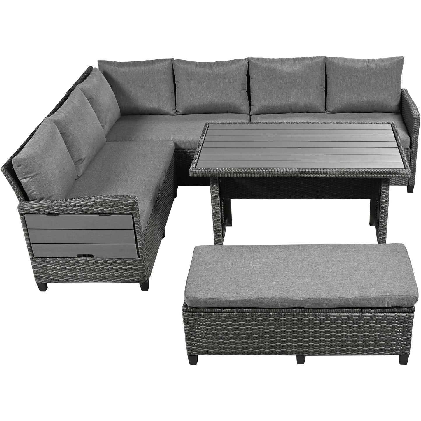 TOMAX 5-Piece Outdoor Patio Rattan Sofa Set, Sectional PE Wicker L-Shaped Garden Furniture Set with 2 Extendable Side Tables, Dining Table and Washable Covers for Backyard, Poolside, Indoor, Grey image 9